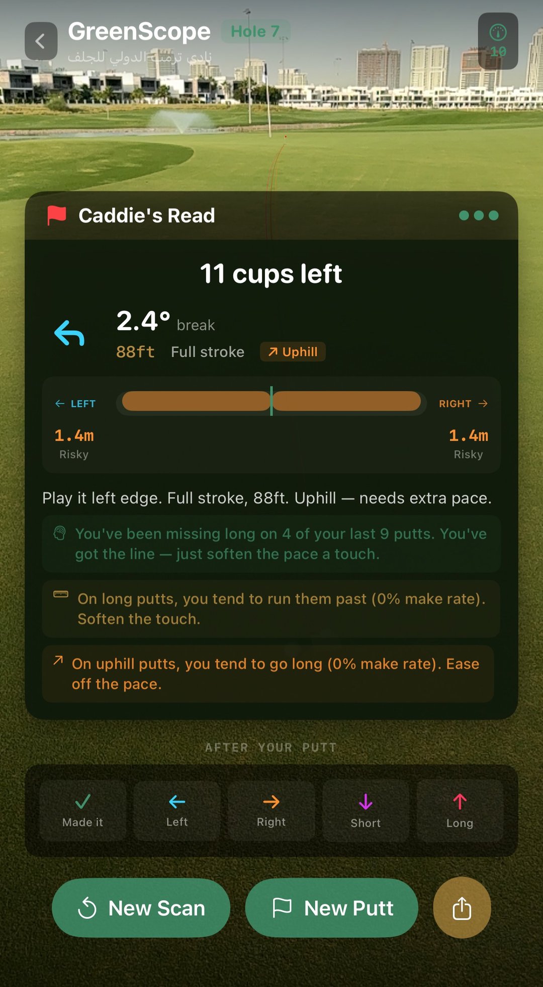 GreenScope AR Caddie's Read showing the line, break angle, and personalized tendency callouts on a real golf course